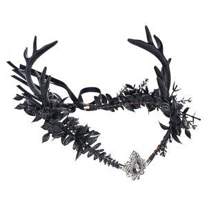 Black Flower Antler Crown Gothic Elf Headpiece Renaissance Faire Accessory
